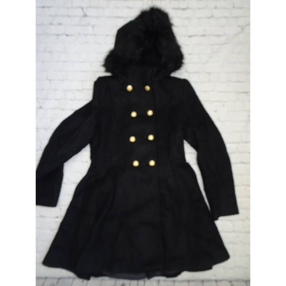 Liz Claiborne Jackets & Blazers - Liz Claiborne Sz M Women's Black Boucle Faux Fur Hooded Wool Blend Swing Coat